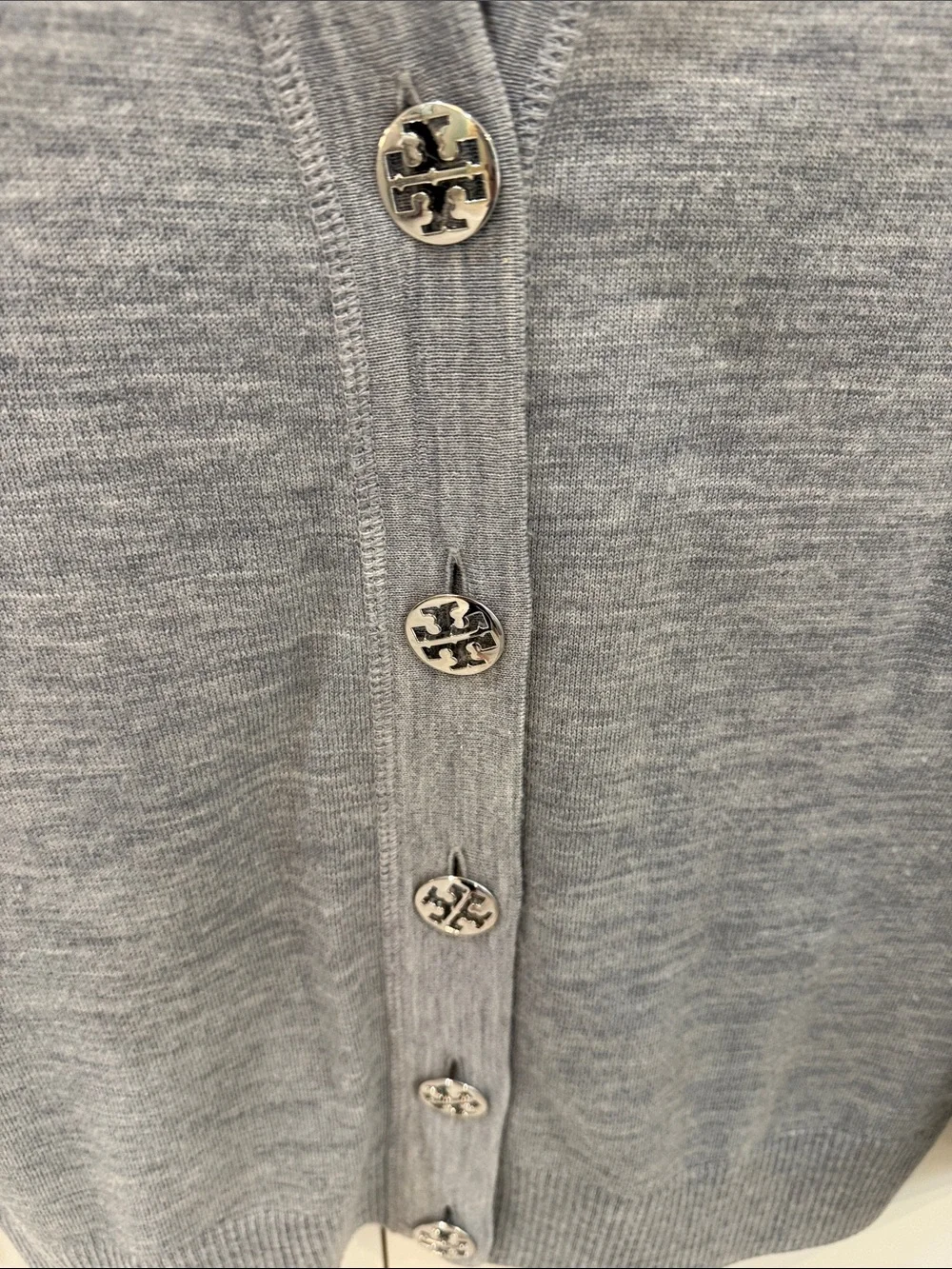 Tory Burch Wool Gray V-Neck Logo Button Cardigan